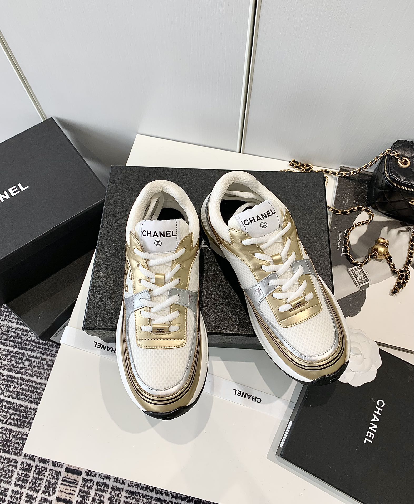 Chanel Shoes Sneakers Gold Silver Cowhide TPU Sweatpants