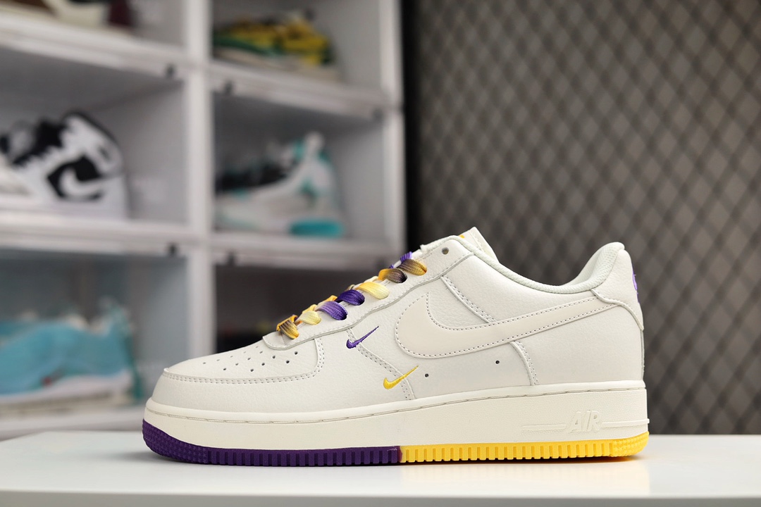 H5 海外限量发售 公司级 Nike Air Force 1 Low ’07 “紫金湖人”洛杉矶城市限定低帮空军一号休闲板鞋 定制头成皮料 3M反光 原楦原纸板 水晶双色大底 纯正版型 内置全掌气垫