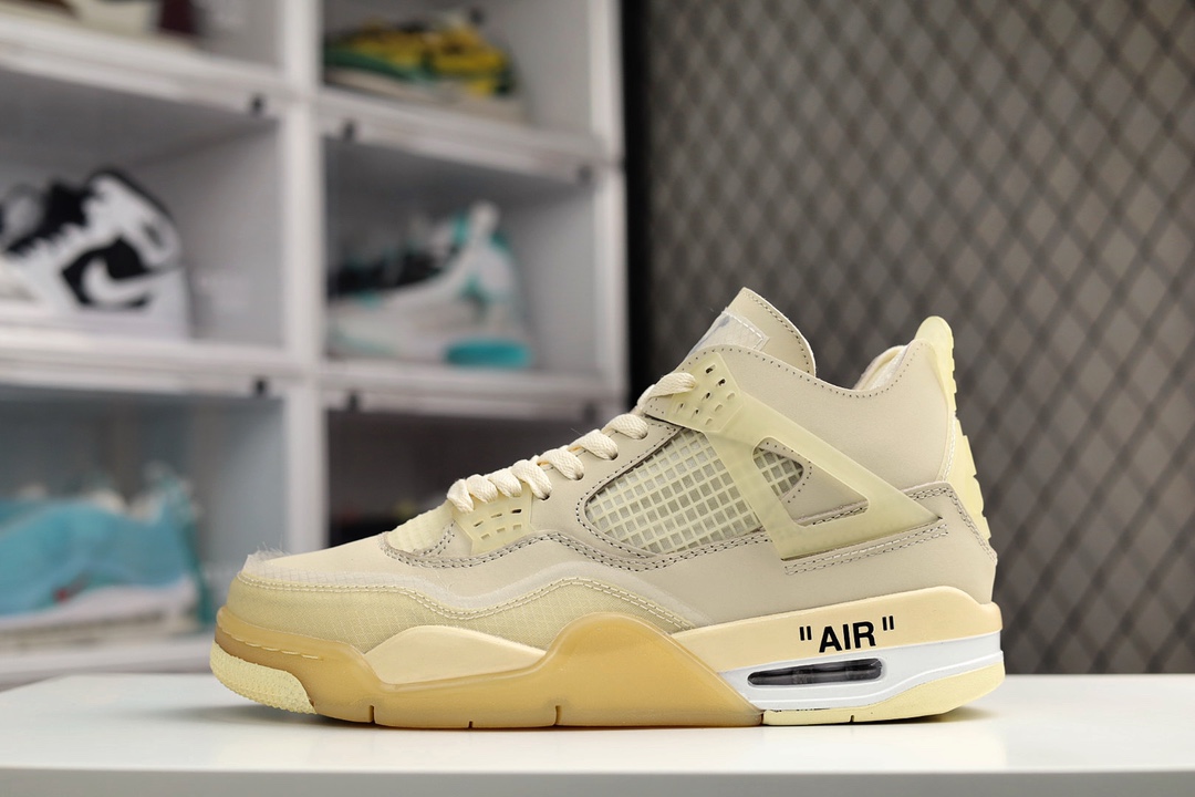 H0   原鞋开发 进品皮料 头层磨砂质感非凡 细节正确到位 欢迎对比较对 乔四 AJ4 OW联名 Off-White x Air Jordan 4 Retro “Cream/Sail” 浅沙棕 复古休闲运动文化篮球鞋