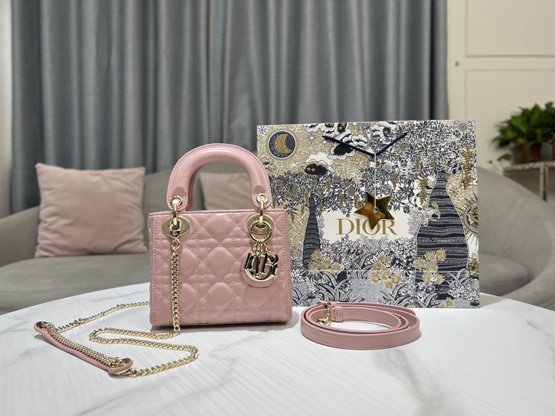 Dior Bags Handbags Gold Pink Embroidery Sheepskin Lady Chains