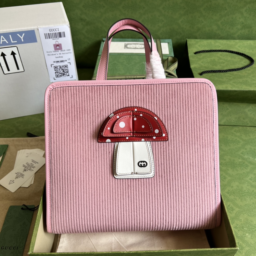 GUCCI Kids Tote Bag Pink Corduroy Mushroom Applique Double Handles