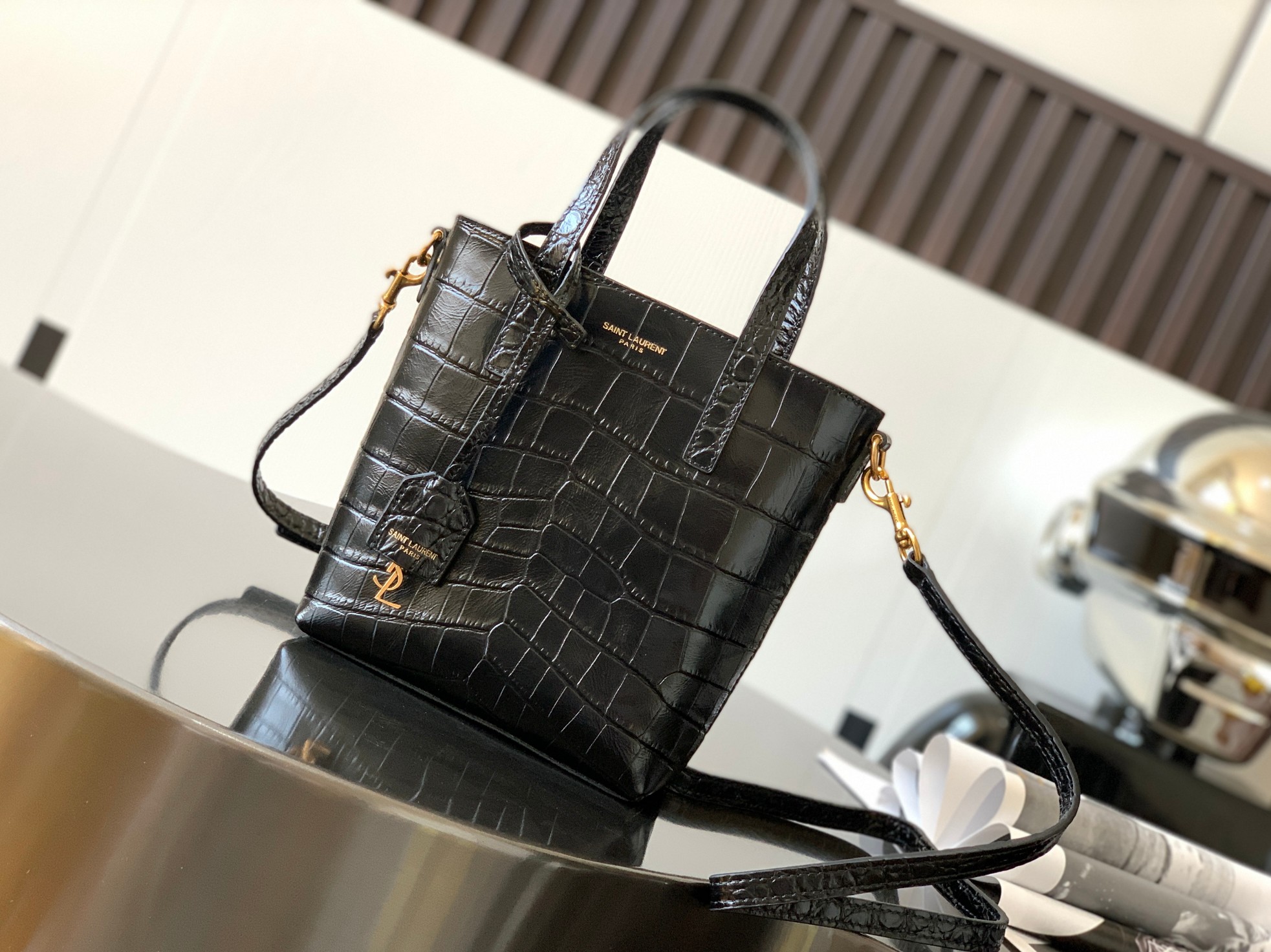 Mini Tote Shopping Bag Crocodile-Embossed Leather Charm