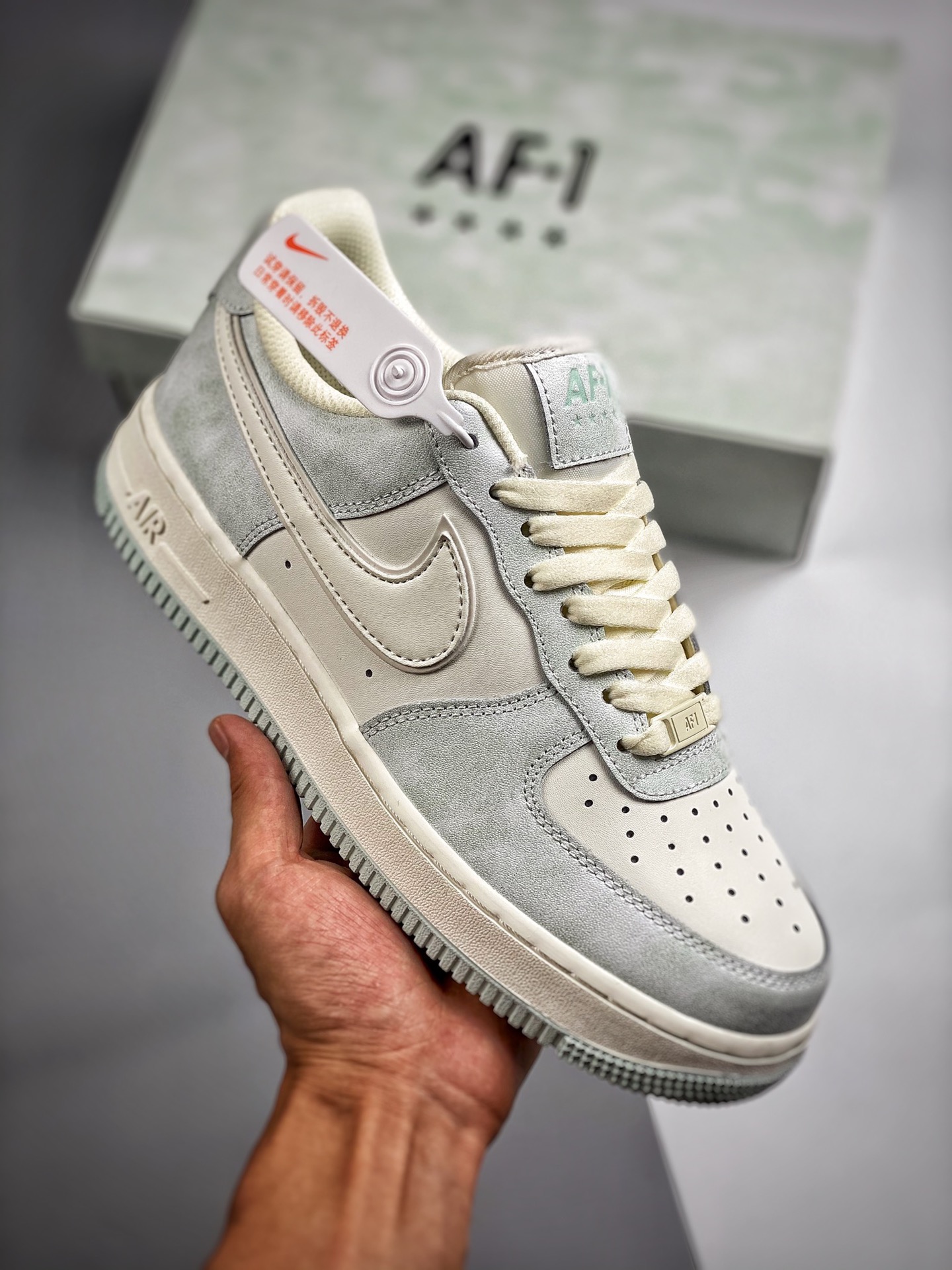 Núcleo 4 Nike Air Force 1 07 beige menta, zapatillas de skate casual de caña baja Air Force 1, cuero personalizado, imp…