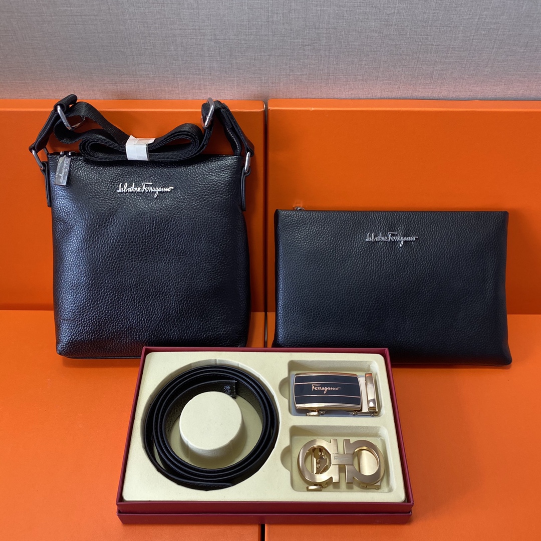 J0 Ferragamo 菲拉格慕  头层皮质组合礼盒包装腰带俩款包包超级组合 公文包包是很实用的选择.手提包日常是非常适合的. 双扣皮带：头层皮质带身搭配3.5cm广州原版扣 尺寸菲拉格慕斜挎包：长20cm宽4cm高22cm\r  菲拉格慕手提包：长26cm宽2cm高17cm