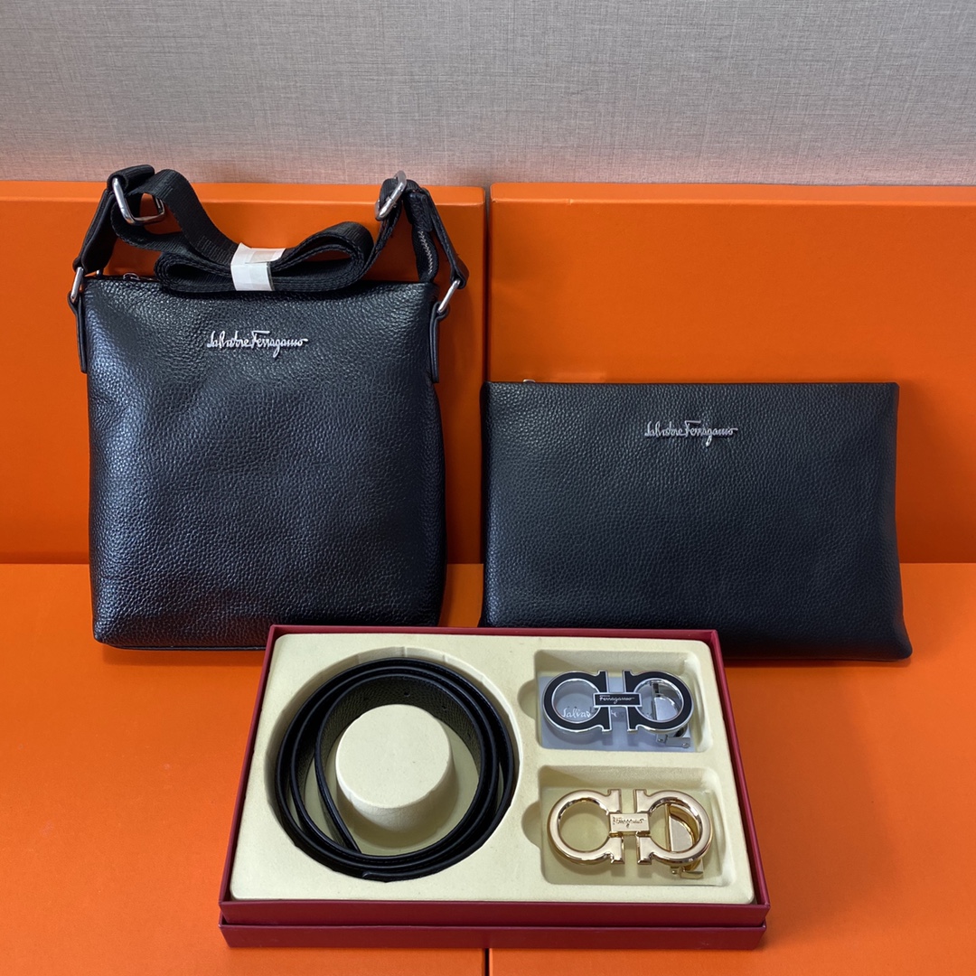 J0 Ferragamo 菲拉格慕  头层皮质组合礼盒包装腰带俩款包包超级组合 公文包包是很实用的选择.手提包日常是非常适合的. 双扣皮带：头层皮质带身搭配3.5cm广州原版扣 尺寸菲拉格慕斜挎包：长20cm宽4cm高22cm\r  菲拉格慕手提包：长26cm宽2cm高17cm
