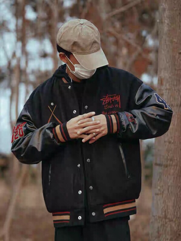 斯图西Stussy x CDG 联名 限定款黑8植绒棒球服