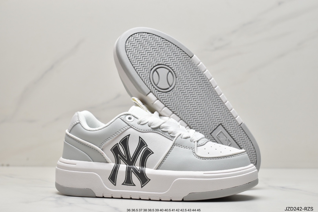 MLB Chunky Liner New York Yankees Senior Shoes Series Low Top Daddy Style Light Weight Increased Jogging Shoes ”Leather White Black NY Print” 3ASXCA12N-50WHS