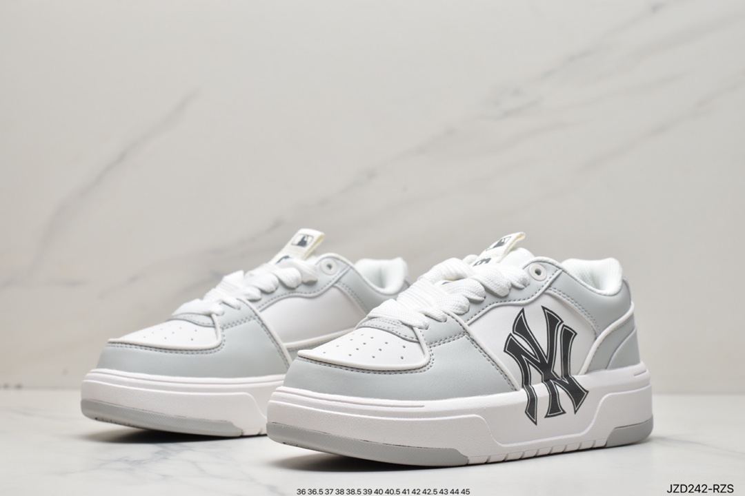 MLB Chunky Liner New York Yankees Senior Shoes Series Low Top Daddy Style Light Weight Increased Jogging Shoes ”Leather White Black NY Print” 3ASXCA12N-50WHS