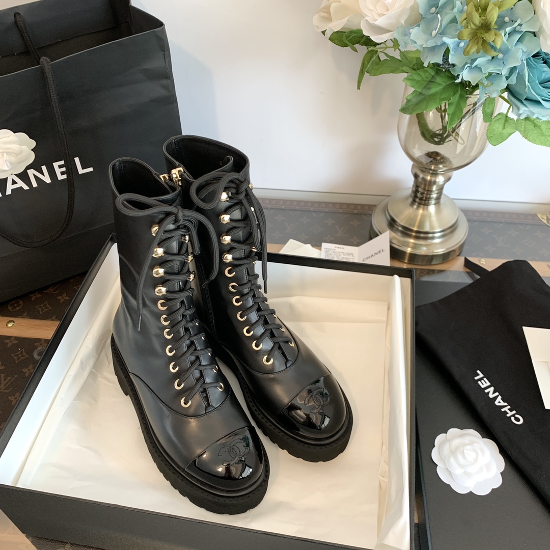 CHANEL 2022 Fall/Winter Patent Leather Platform Chelsea Ankle Boots 4cm Lightweight Platform Imported Mirror-Finish Calf Patent