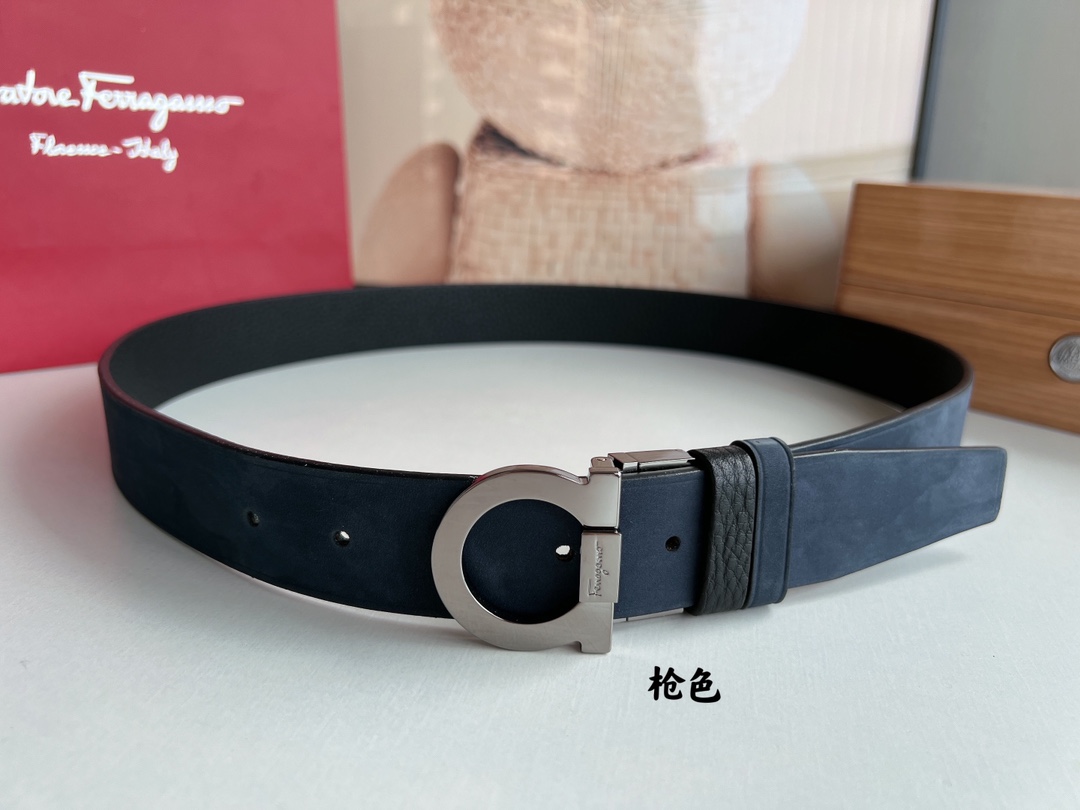 Salvatore  Ferragamo菲拉格慕男士3.5cm专柜旋转金属夹扣，进口头层牛皮甩纹绒面内衬腰带
