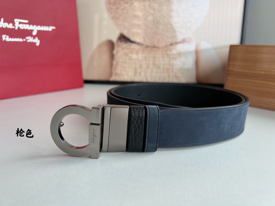 Salvatore  Ferragamo菲拉格慕男士3.5cm专柜旋转金属夹扣，进口头层牛皮甩纹绒面内衬腰带