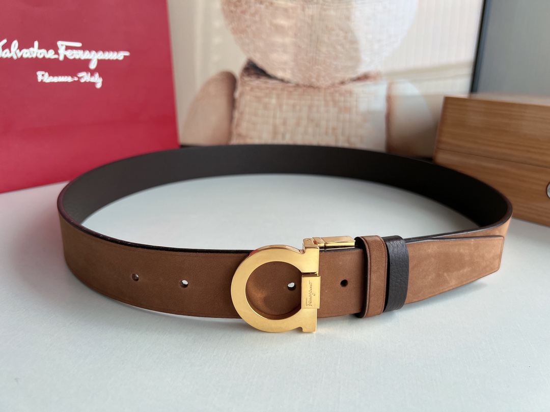 Salvatore  Ferragamo菲拉格慕男士3.5cm专柜旋转金属夹扣，进口头层牛皮甩纹绒面内衬腰带