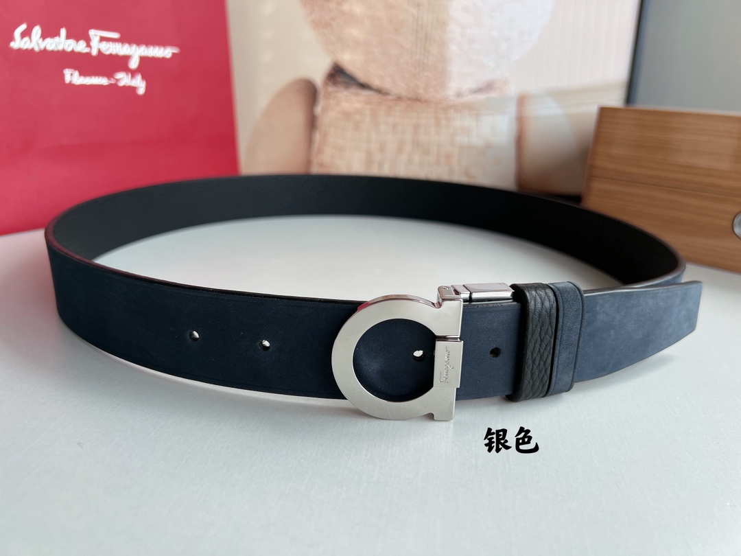 Salvatore  Ferragamo菲拉格慕男士3.5cm专柜旋转金属夹扣，进口头层牛皮甩纹绒面内衬腰带
