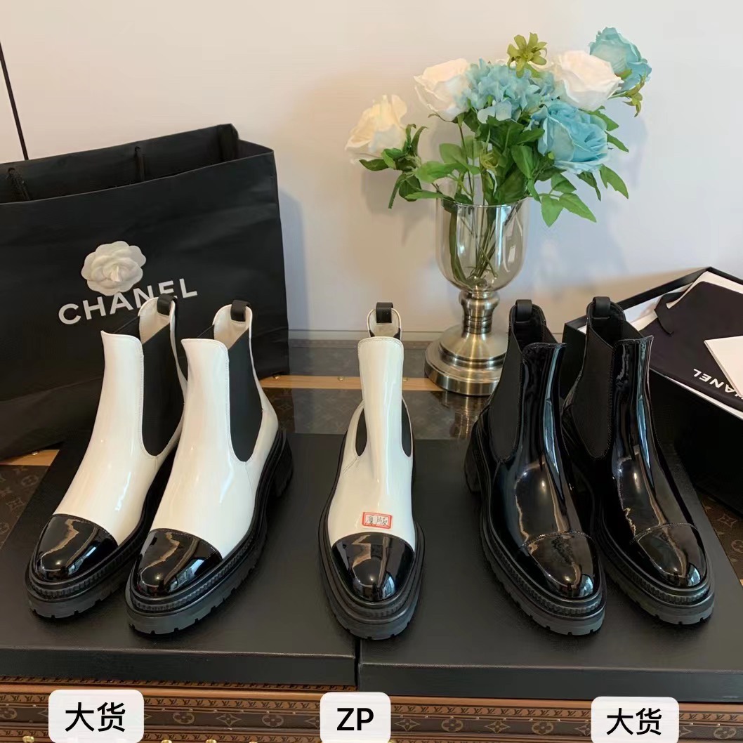 CHANEL 샤넬 2022 가을겨울 특허가죽 두꺼운 밑창 첼시 부츠 4cm 경량 두꺼운 밑창 수입 미러 태우 특허