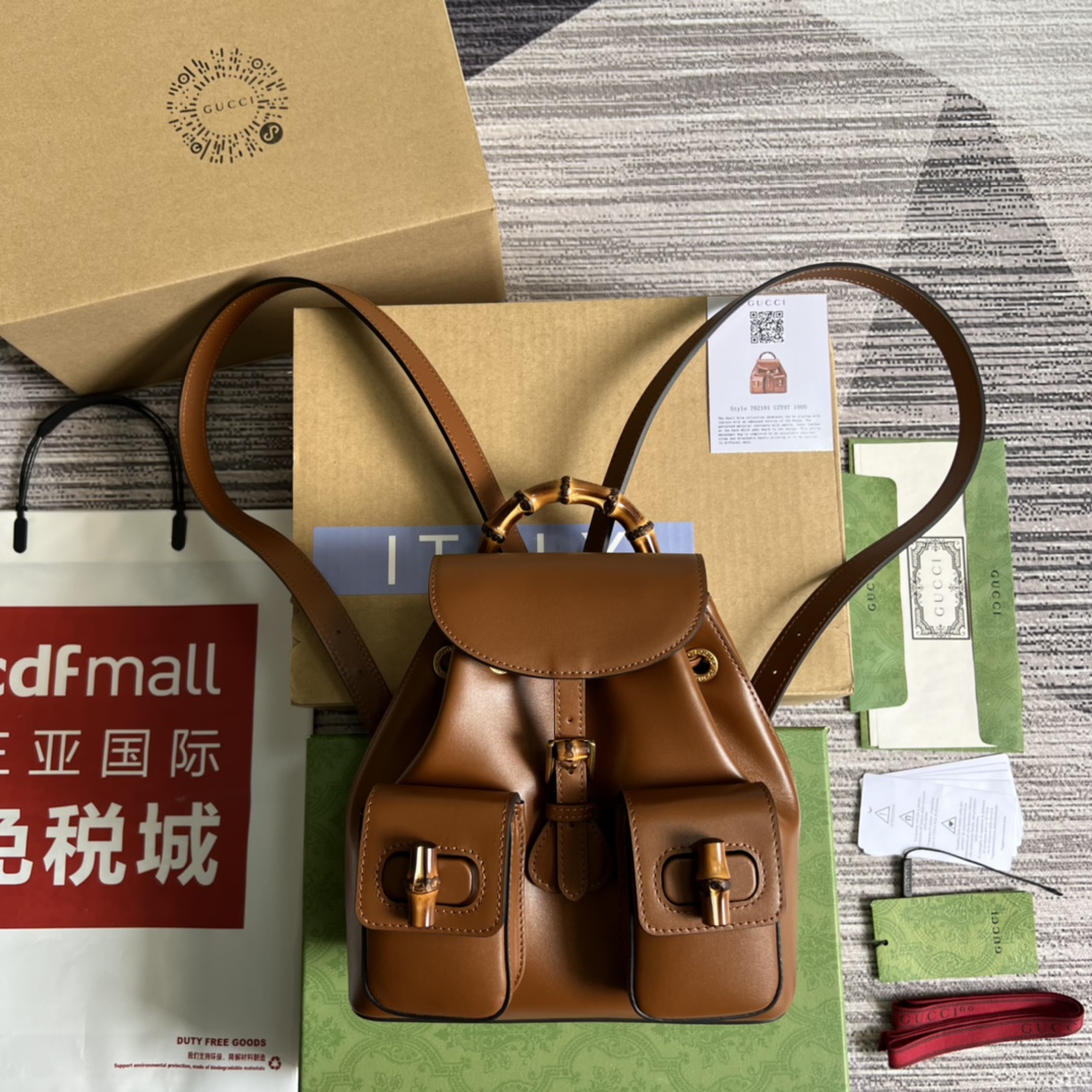 GUCCI бамбуковый мини-рюкзак из коричневой кожи