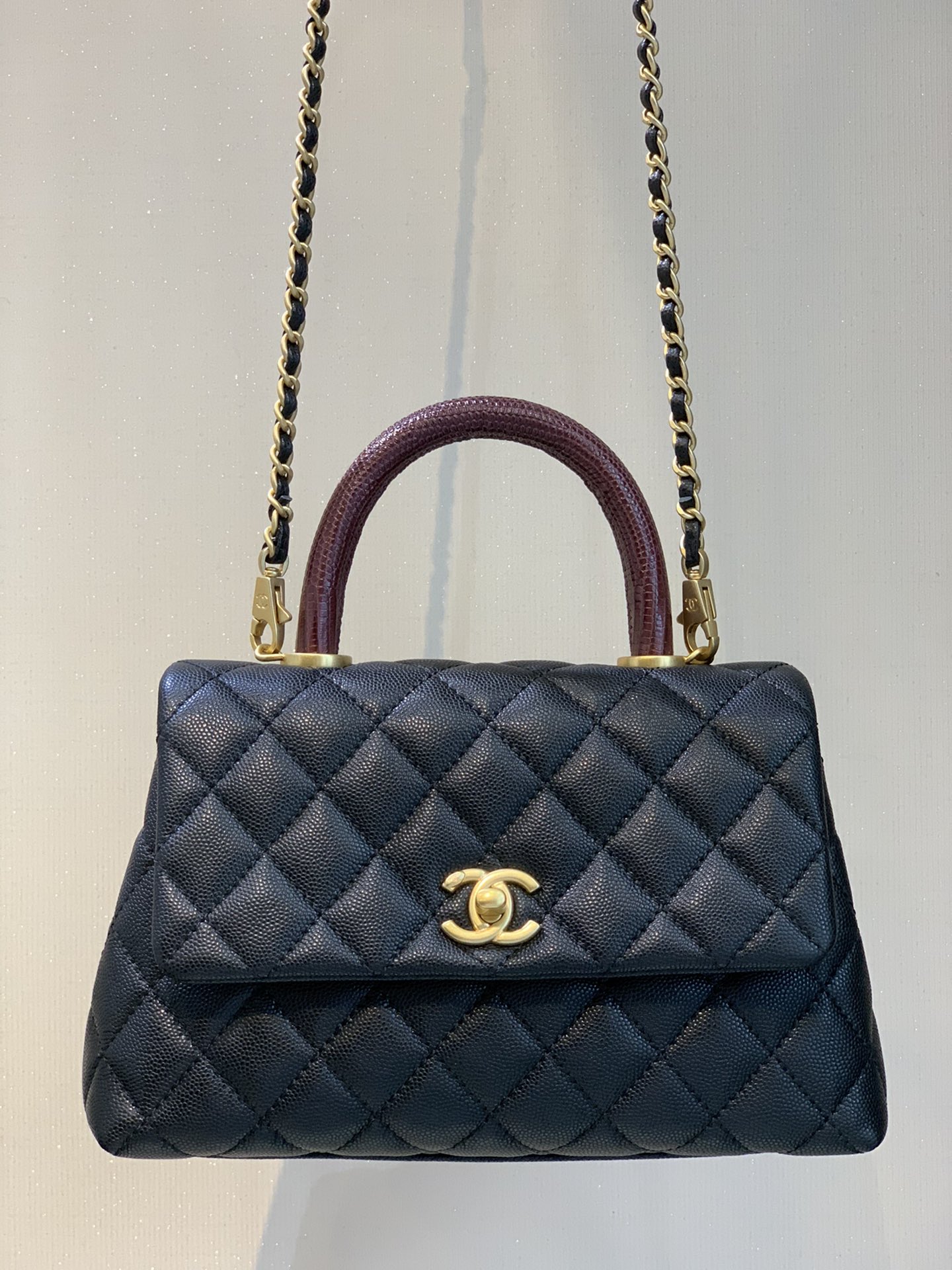 CHANEL Coco Handle 도마뱀 가죽 핸들 숄더 체인 와인 레드 핸들 빈티지 우아함-최상급 품질