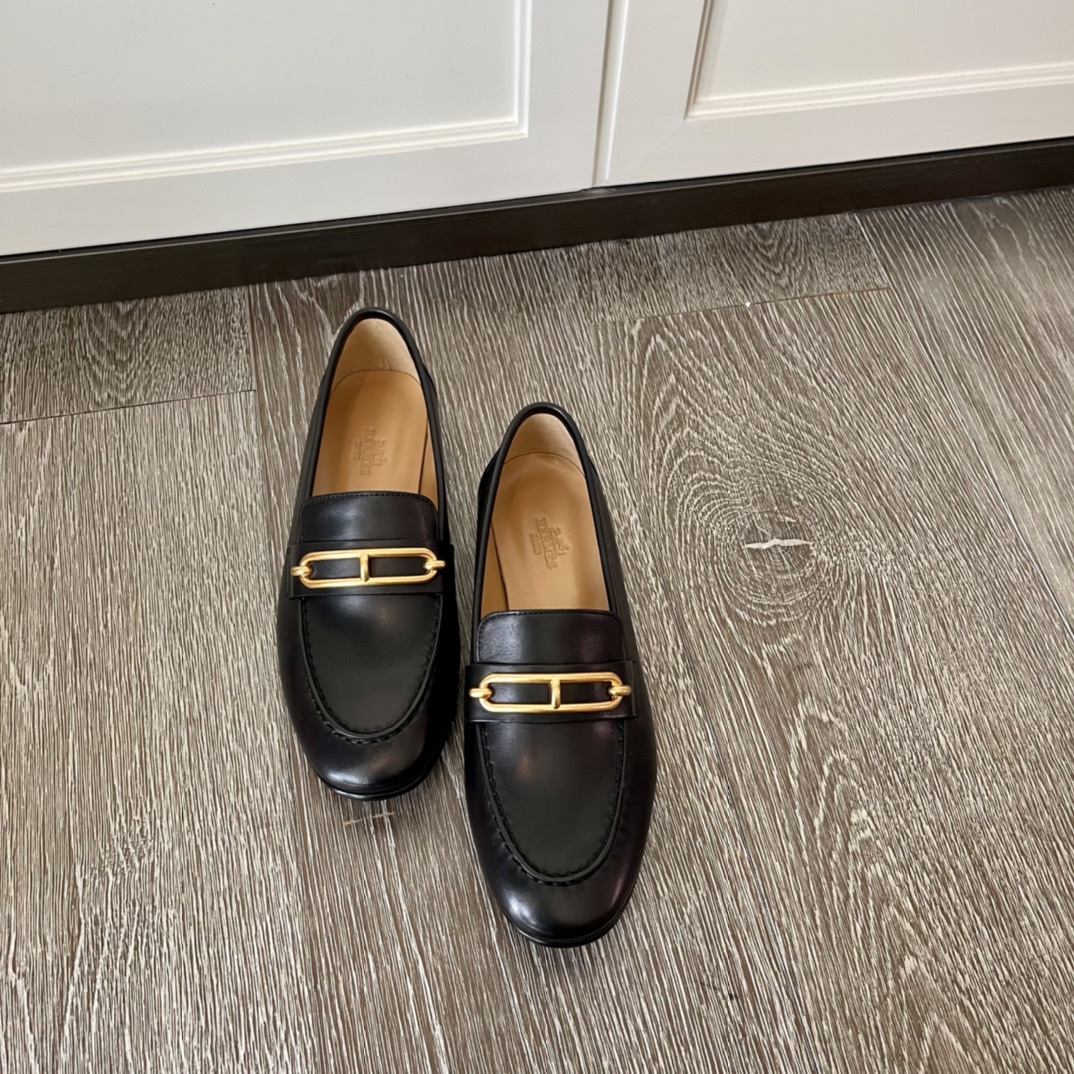 Hermes Kelly Shoes Loafers Black Gold White Cowhide