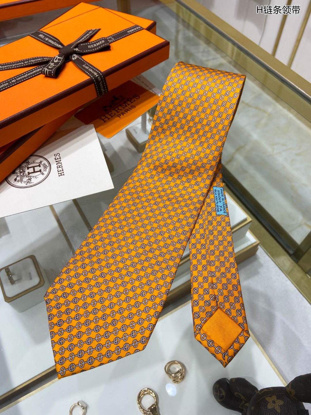 Hermes爱马仕100%顶级斜纹真丝链条领带