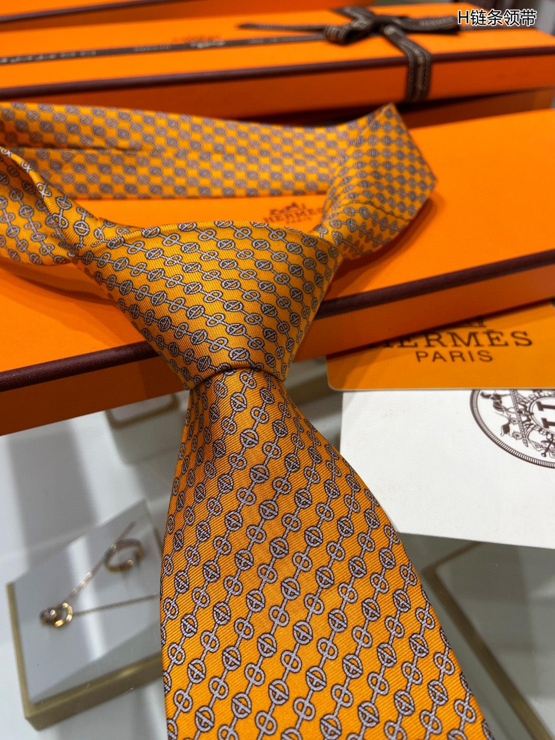 Hermes爱马仕100%顶级斜纹真丝链条领带