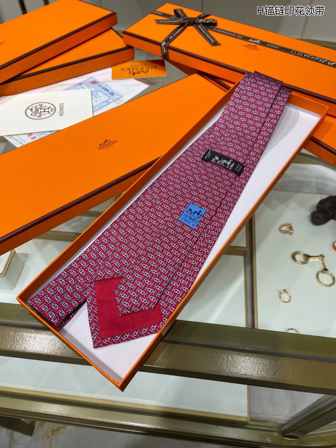 Hermes爱马仕100%顶级斜纹真丝锚链印花领带