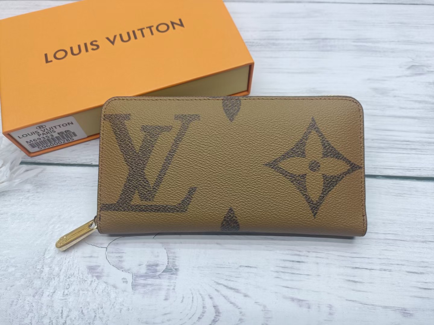 Premium leather long wallet front view, showing leather texture