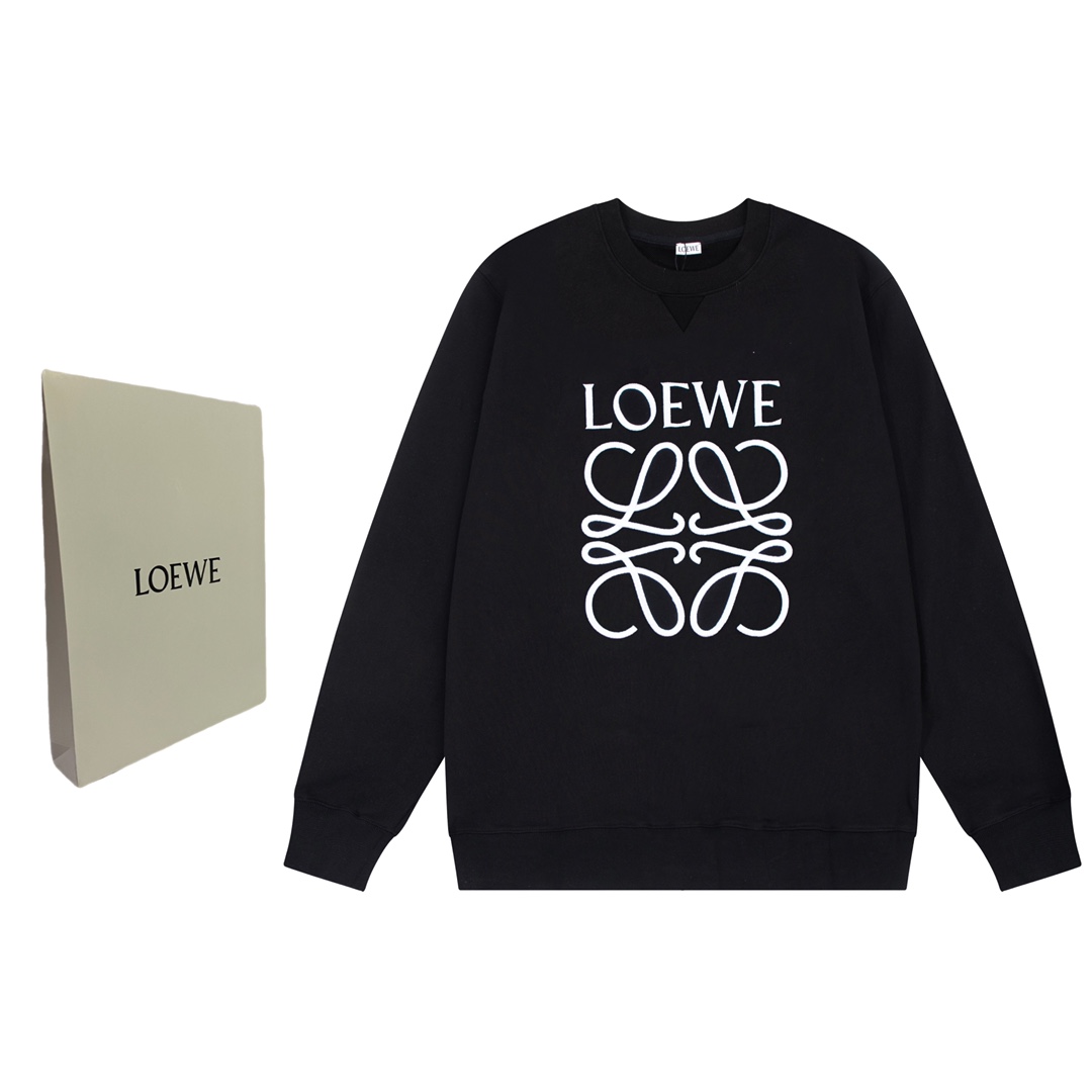 Mejor réplica Nuevo estilo
 Loewe Ropa Sudaderas Negro Blanco Bordado Universal para hombres y mujeres Algodón Colección otoño – invierno