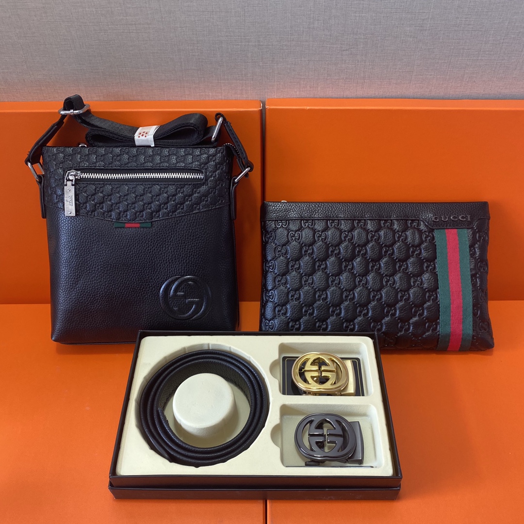 J0 古驰Gucci 头层皮质组合礼盒包装腰带俩款包包超级组合 公文包包是很实用的选择.手提包日常是非常适合的. 双扣皮带：头层皮质带身搭配3.5cm广州原版扣头 尺寸古驰斜挎包：长20cm宽4cm高22cm\r  古驰手提包：长26cm宽2cm高16cm