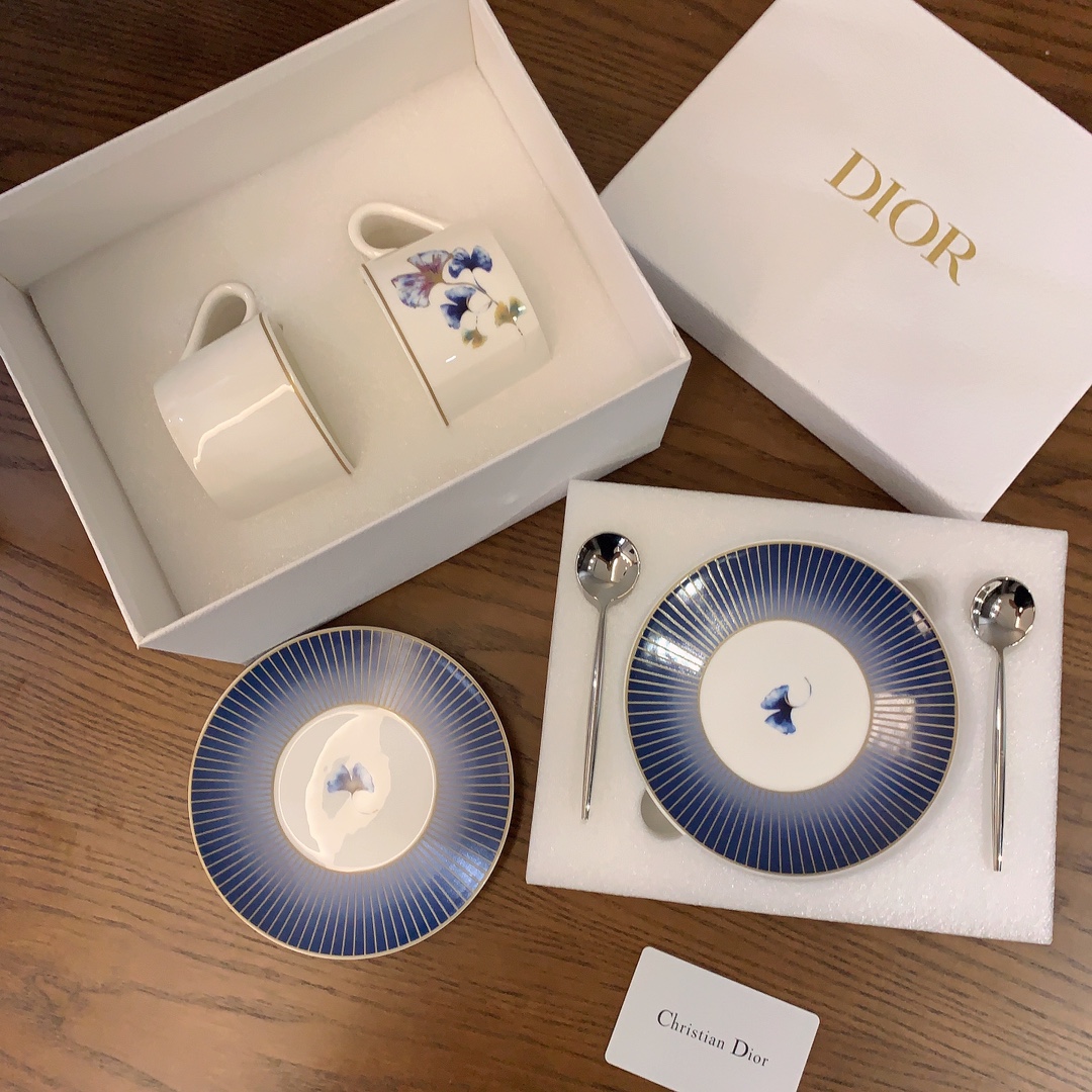 Dior Two-Cup and Saucer Set - High-Quality Porcelain with Floral Design