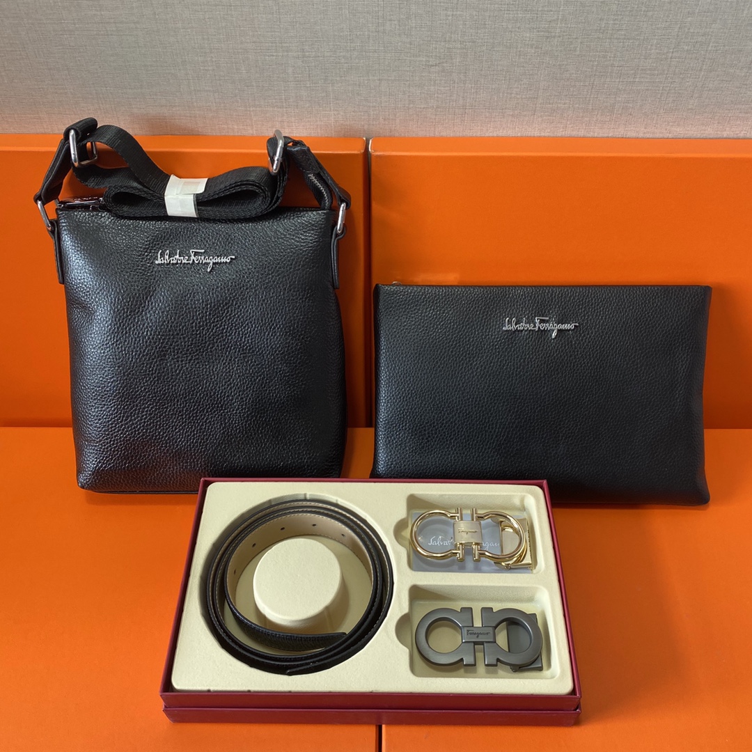 J0 Ferragamo 菲拉格慕  头层皮质组合礼盒包装腰带俩款包包超级组合 公文包包是很实用的选择.手提包日常是非常适合的. 双扣皮带：头层皮质带身搭配3.5cm广州原版扣 尺寸菲拉格慕斜挎包：长20cm宽4cm高22cm\r  菲拉格慕手提包：长26cm宽2cm高17cm