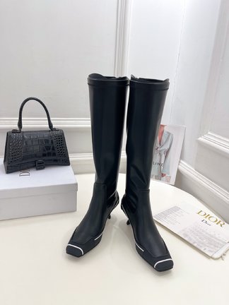 Dior AAA Long Boots Short Boots Black Splicing Calfskin Cowhide Rubber Sheepskin Fall/Winter Collection Fashion Sweatpants