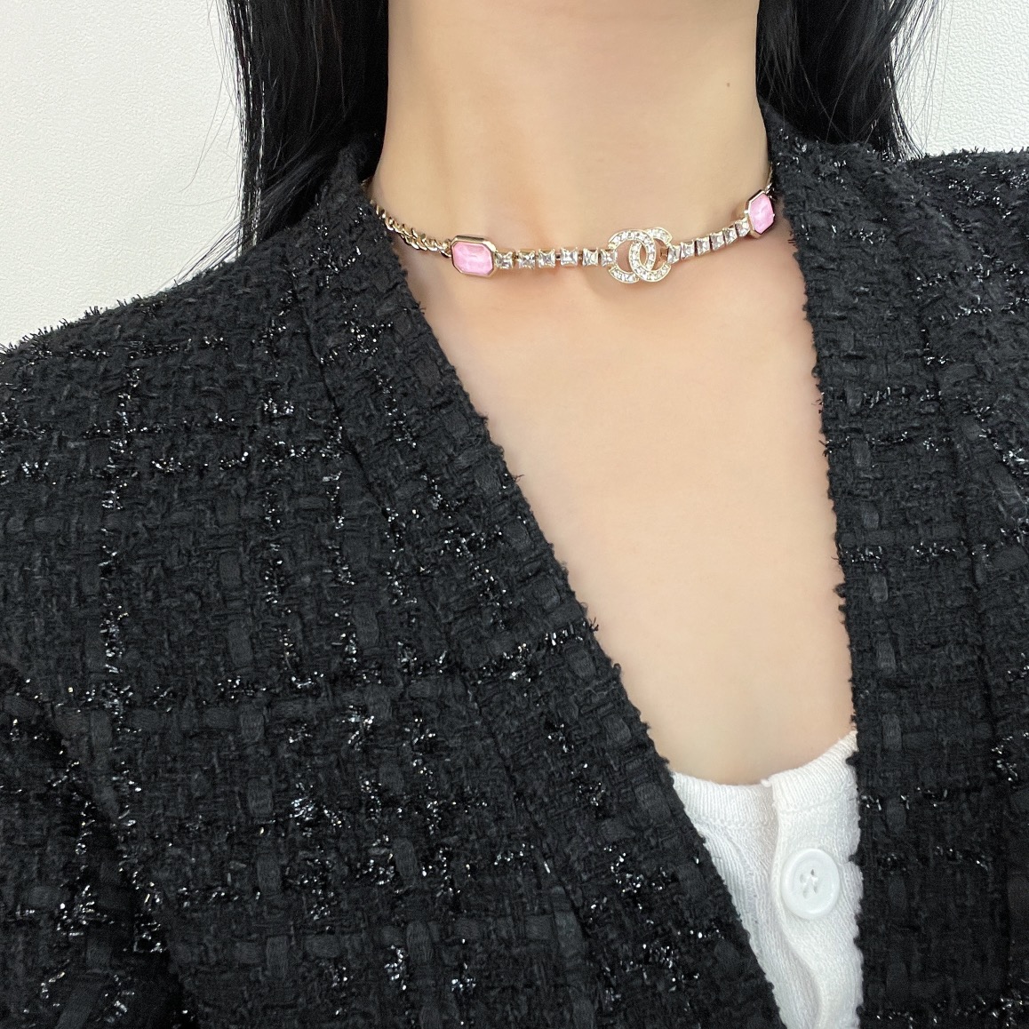 新款☑️CHANEL香奈儿双c粉钻颈链项链