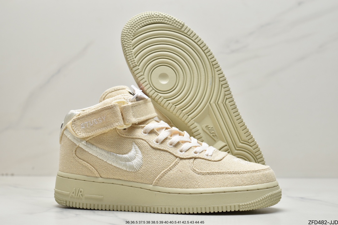 Stussy x Nike Air Force 1 Mid ”White Cool” 白麻布电绣钩子 DJ7841-200 Stussy x Nike Air Force 1 Mid ”White Cool” 白麻布电绣钩子 DJ7841-200
