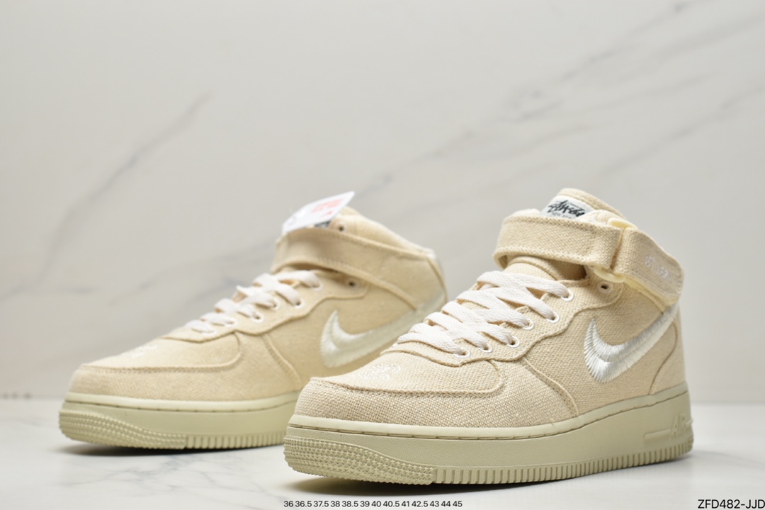 Stussy x Nike Air Force 1 Mid ”White Cool” 白麻布电绣钩子 DJ7841-200 Stussy x Nike Air Force 1 Mid ”White Cool” 白麻布电绣钩子 DJ7841-200
