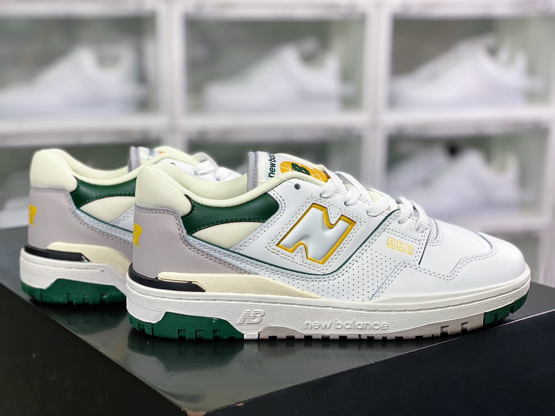 NB BB550 Series Classic Retro Low Top Casual Sports Basketball Shoes ”Leather White Gray Dark Green Yellow” BB550PWC