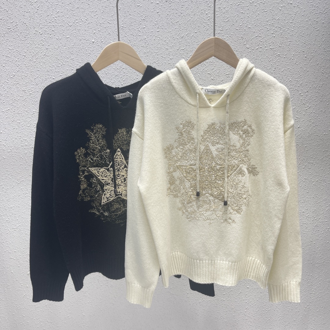 Dior Clothing Knit Sweater White Embroidery Cashmere Knitting Fall/Winter Collection Hooded Top