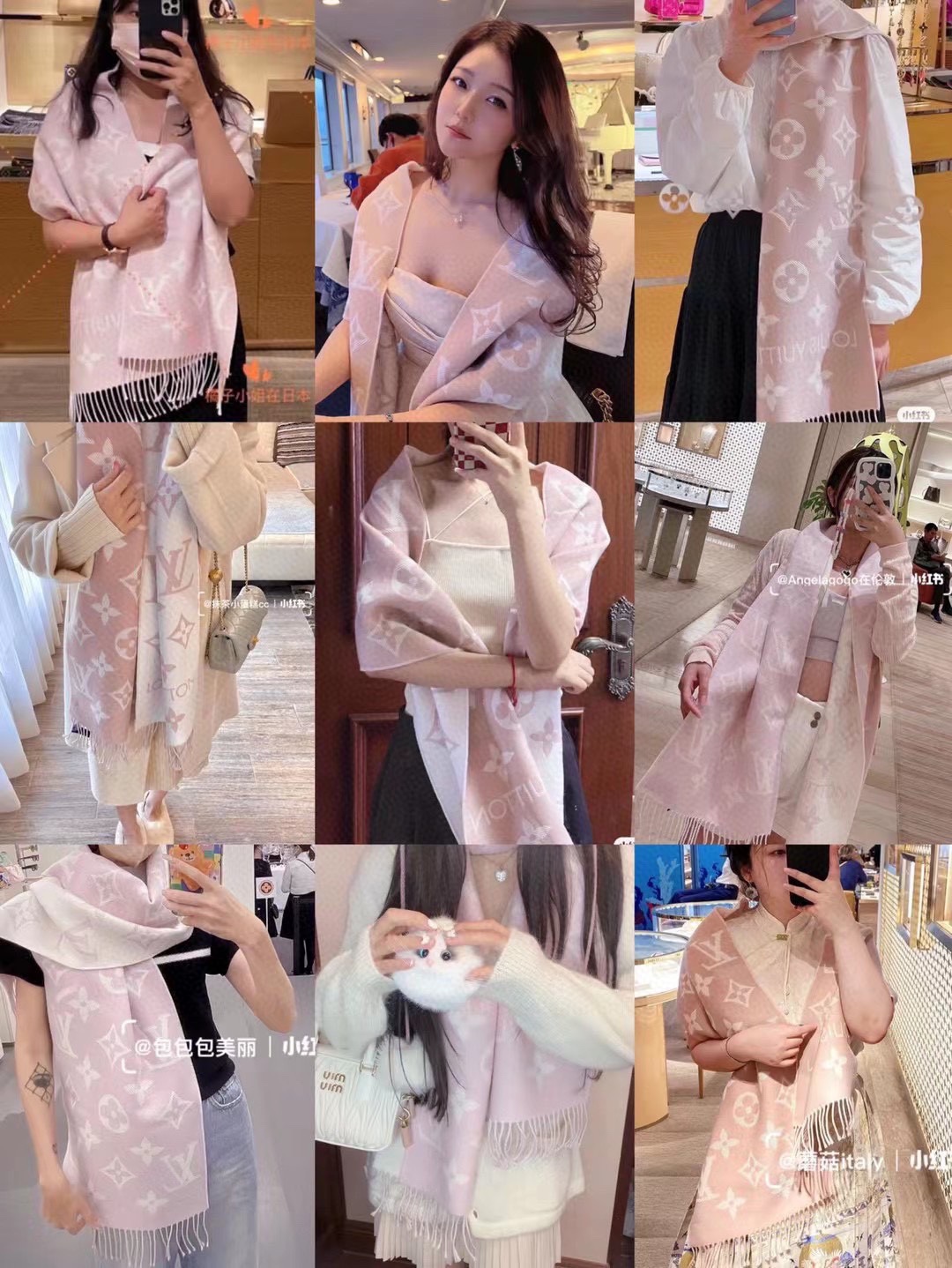 Louis Vuitton Scarf Pink White Wool Essential