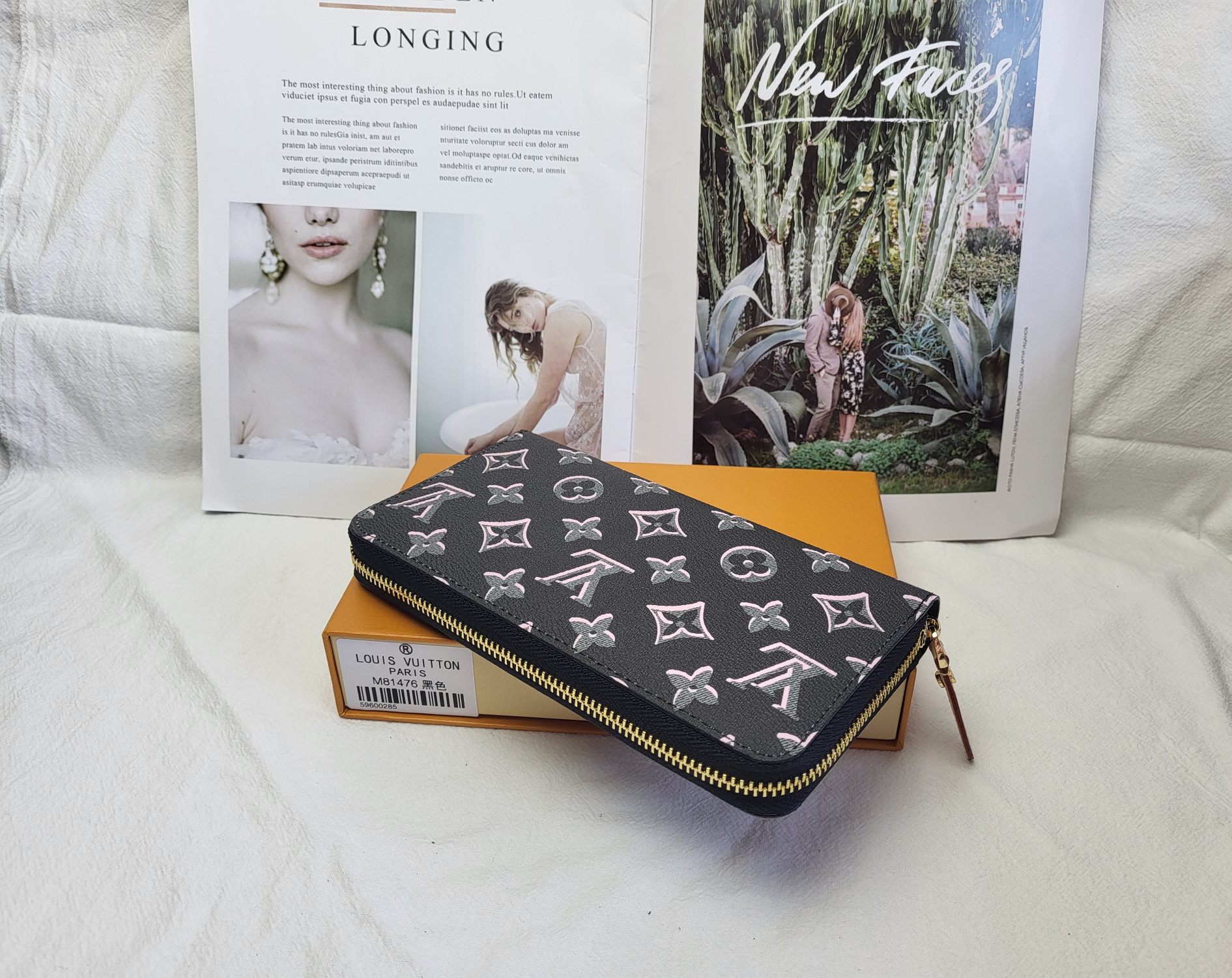 Luxury genuine leather long wallet front view, showcasing the leather texture