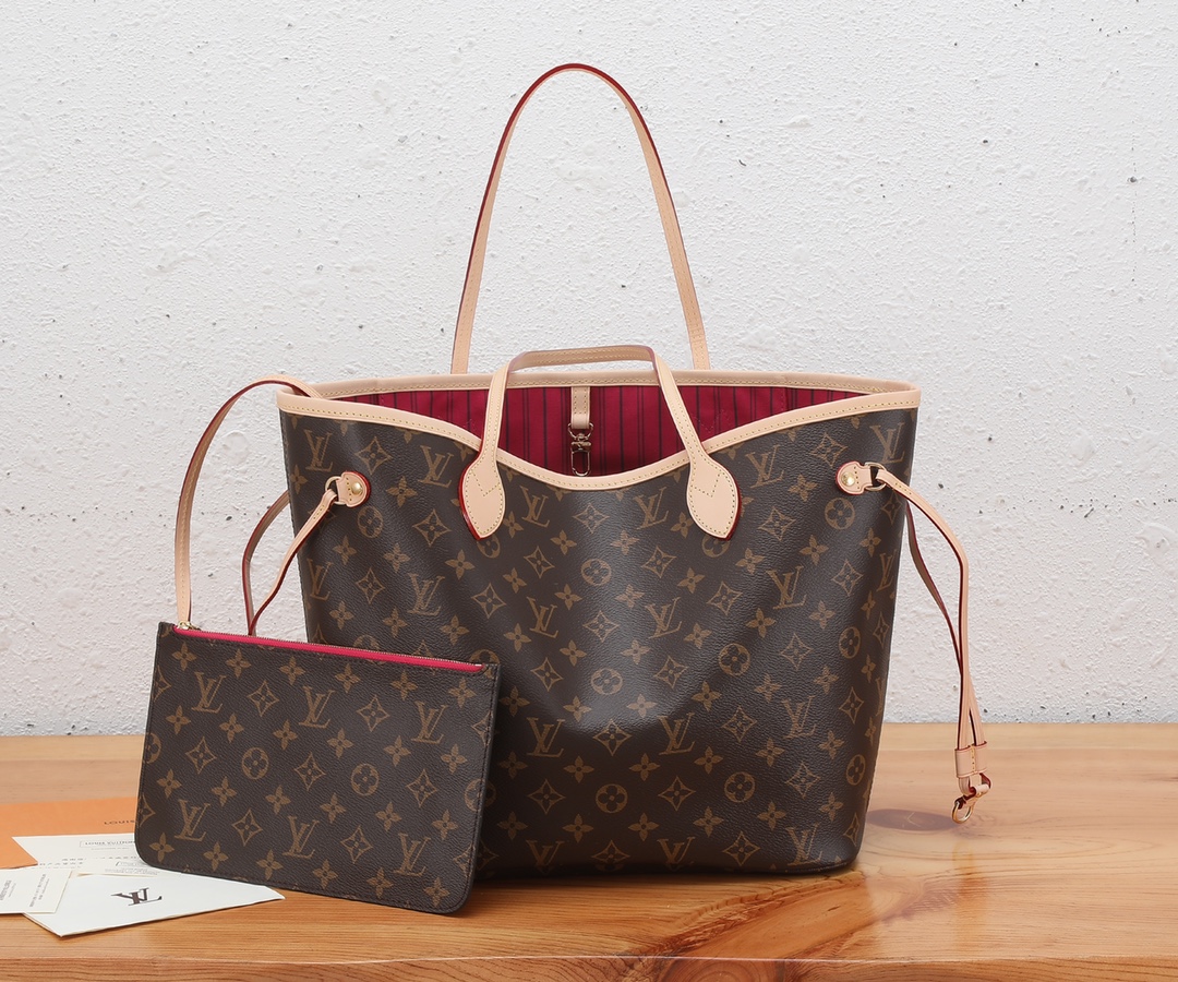 לואי ויטון LV Neverfull תיקים תיקי יד אדום כל פלדה Monogram Canvas קנבס קווייד פבריק רגיל M41178