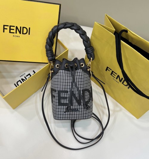 Fendi Black & White Houndstooth Mini Bucket Bag With Braided Top Handle 1 Fendi Black & White Houndstooth Mini Bucket Bag With Braided Top Handle