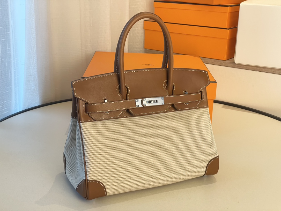 Hermes Birkin Bags Handbags Brown Coffee Color Silver Hardware Canvas Sweatpants