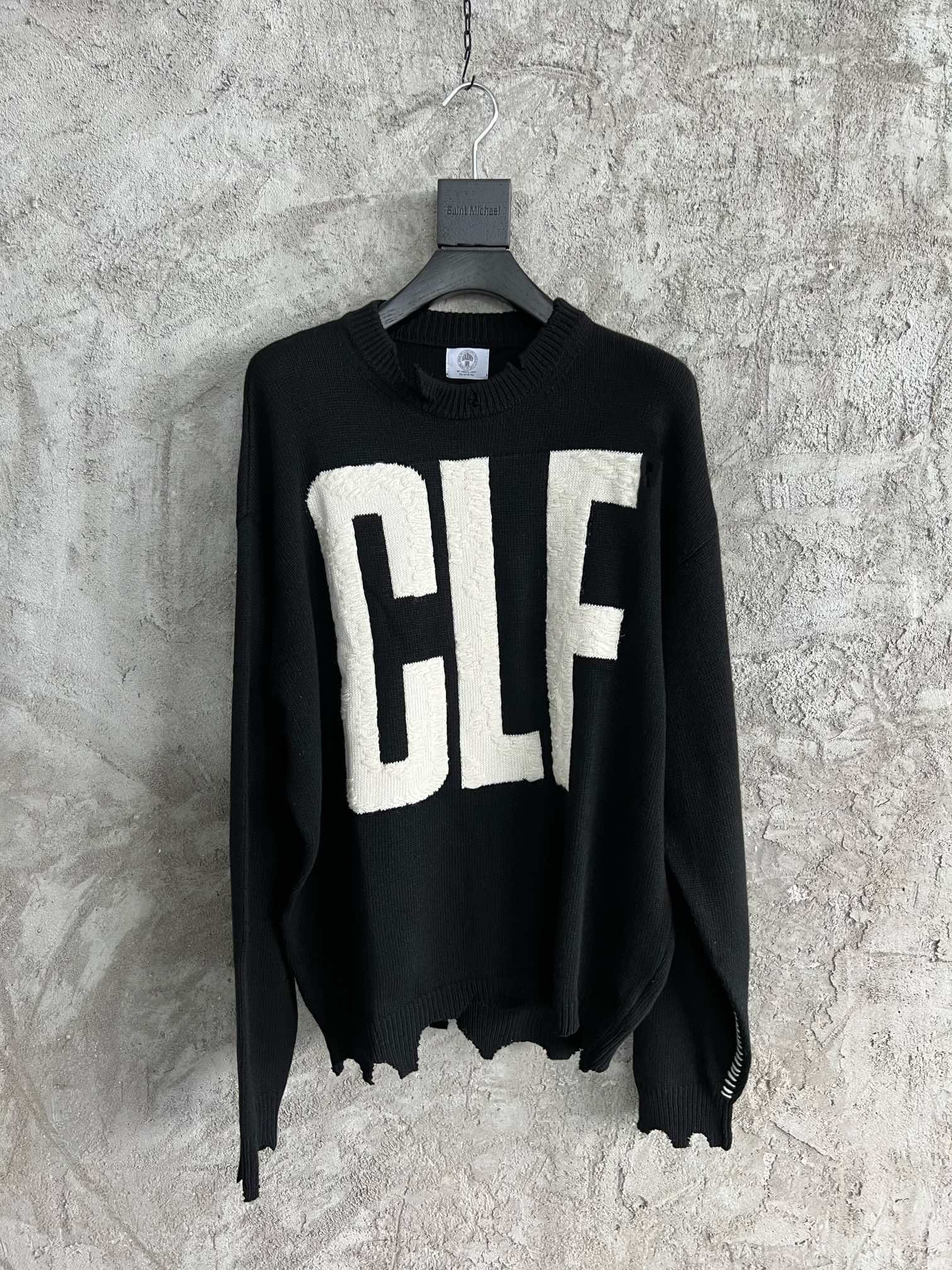 SAINT MICHAEL 2024SS Hand-Embroidered Letter Distressed Wool Sweater