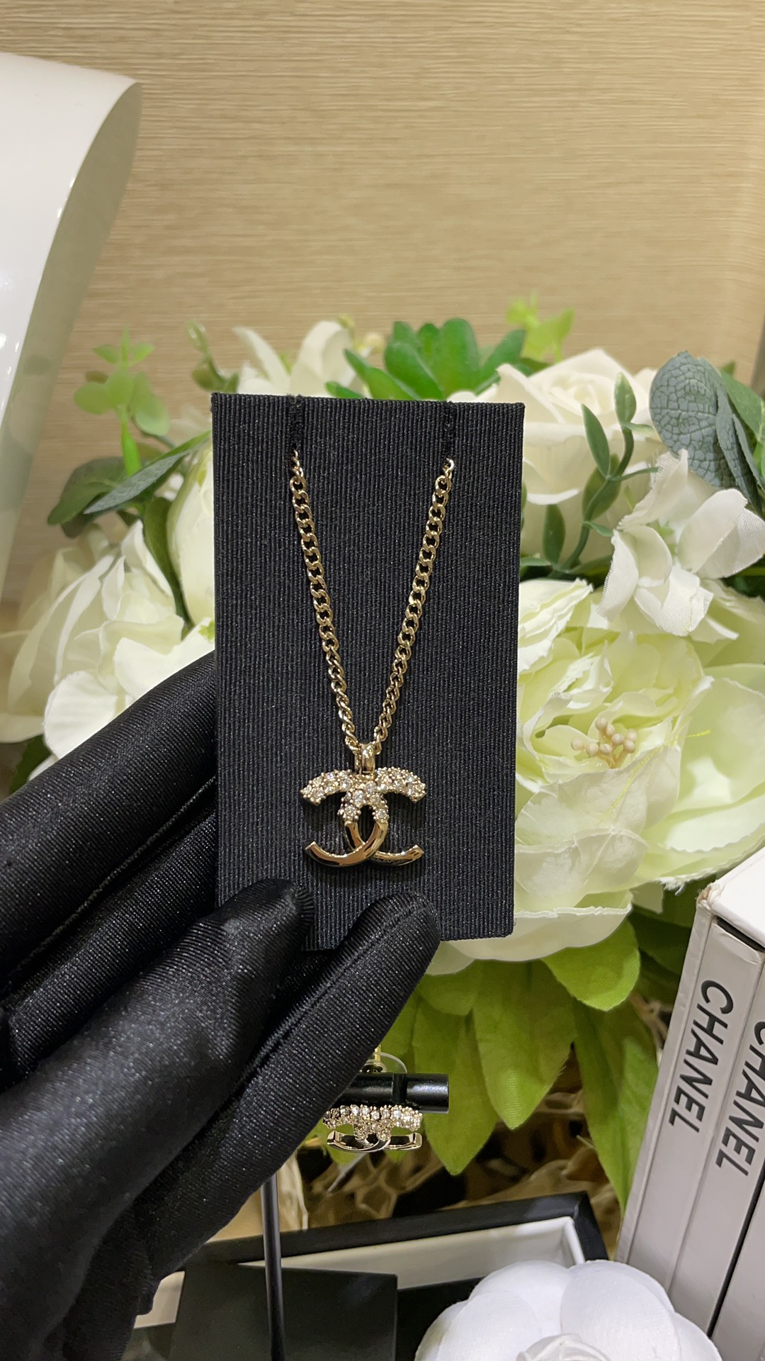 CHANEL Necklace Metal Rhinestone Double C Gold