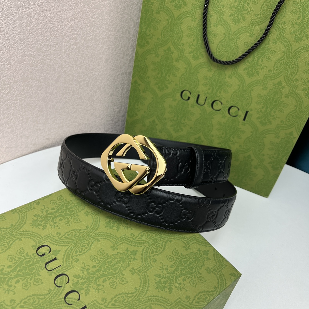 GUCCI经典全皮压花专柜新版logo横标原版进口南非皮底精品双G钢扣高端品质不惧对比宽度40mm