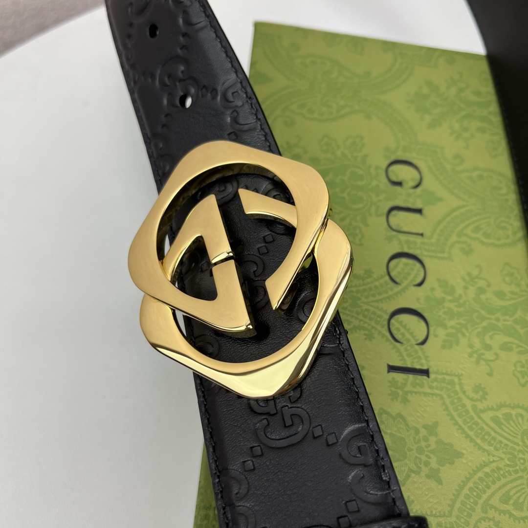 GUCCI经典全皮压花专柜新版logo横标原版进口南非皮底精品双G钢扣高端品质不惧对比宽度40mm