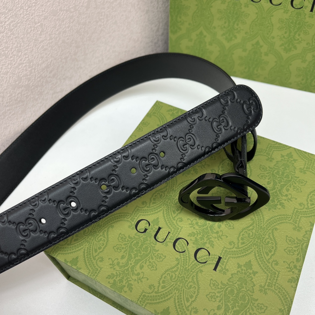 GUCCI经典全皮压花专柜新版logo横标原版进口南非皮底精品双G钢扣高端品质不惧对比宽度40mm