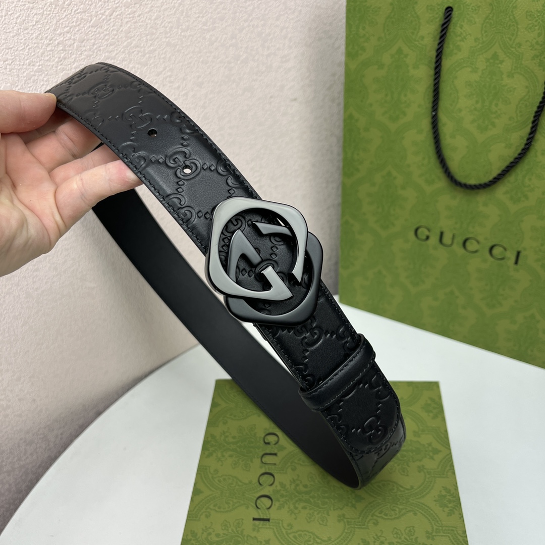 GUCCI经典全皮压花专柜新版logo横标原版进口南非皮底精品双G钢扣高端品质不惧对比宽度40mm