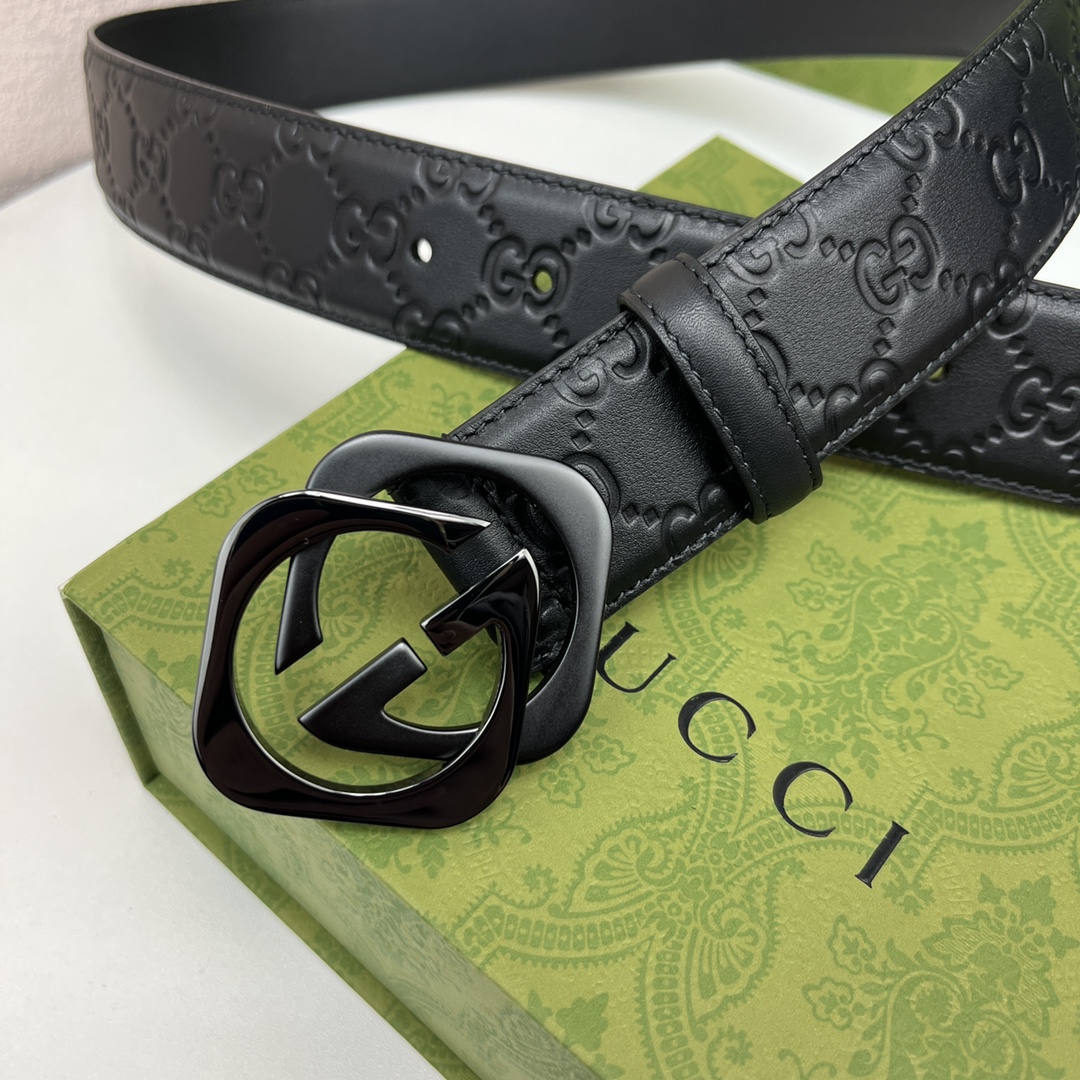 GUCCI经典全皮压花专柜新版logo横标原版进口南非皮底精品双G钢扣高端品质不惧对比宽度40mm