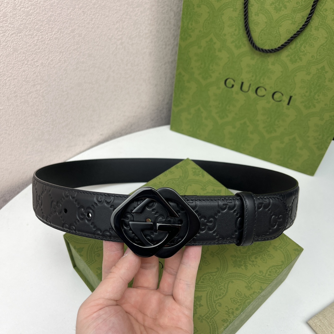 GUCCI经典全皮压花专柜新版logo横标原版进口南非皮底精品双G钢扣高端品质不惧对比宽度40mm