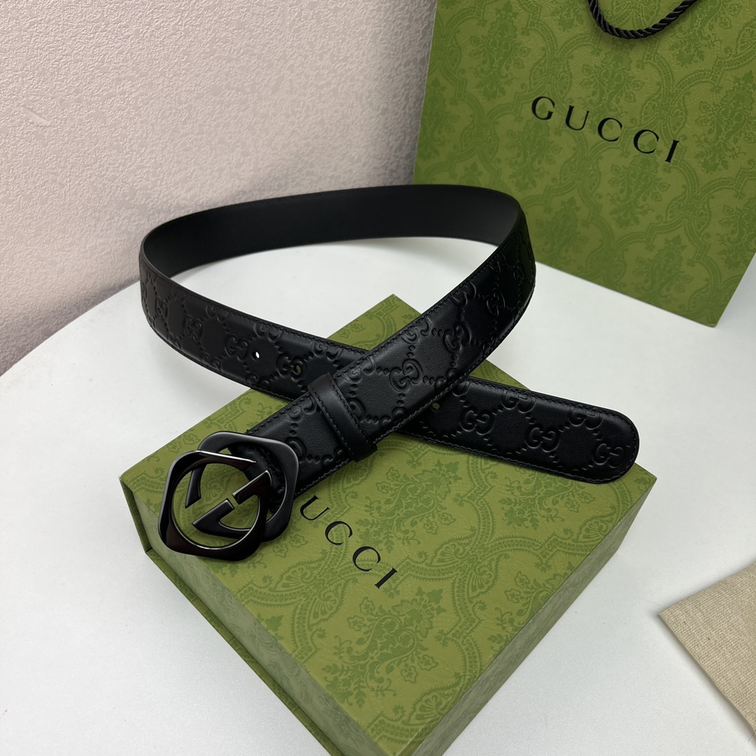 GUCCI经典全皮压花专柜新版logo横标原版进口南非皮底精品双G钢扣高端品质不惧对比宽度40mm