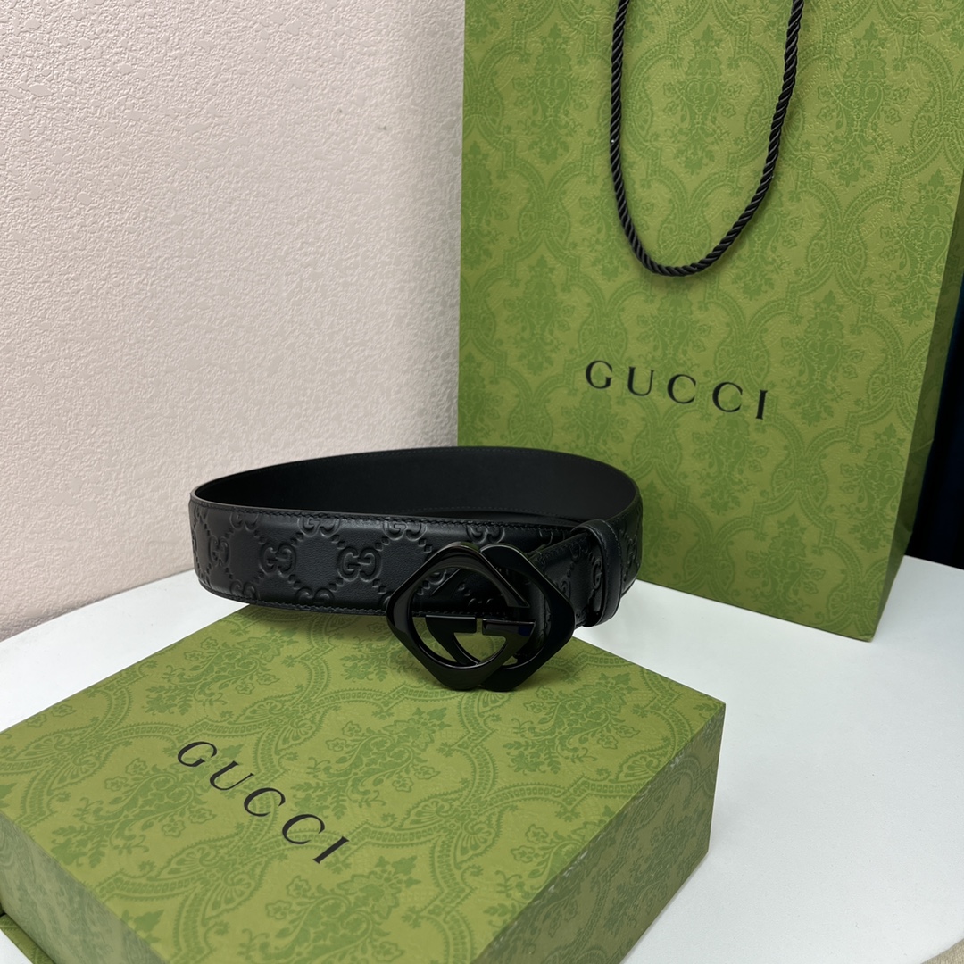 GUCCI经典全皮压花专柜新版logo横标原版进口南非皮底精品双G钢扣高端品质不惧对比宽度40mm